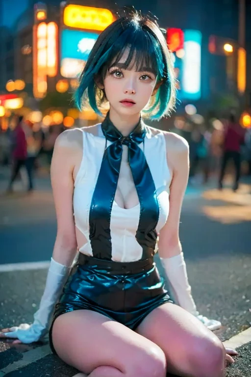 Digital illustration in an anime style featuring a female character Bulma with blue hair styled in a short bob. She has light skin and large, expressive blue eyes. The character is dressed in a black bunny costume, complete with black bunny ears, a red bow tie, and white cuffs. The costume accentuates her figure, with a form-fitting design. The background shows a clear blue sky with some clouds and a few abstract, futuristic buildings. The artist's signature, 'Eryl,' is visible in the top left corner in a stylized black font. anime anatomically correct, super detail, high quality, 4K