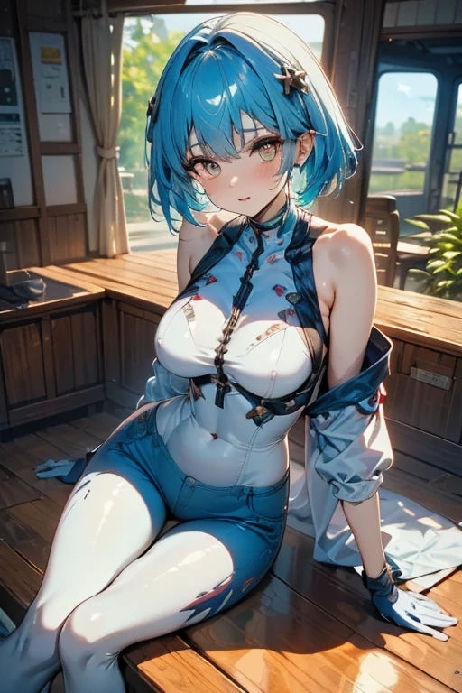 (masterpiece:1.3), (best quality:1.3), high resolution,
overlook view, couboy shot,
body facing forward, standing,
(one cute girl:1.3), solo,
white skin, small Breast, eight-headed person,
light blue hair, (bobbed hair:1.2), (short hair:1.1), (blunt bangs:1.2), beautiful hair, blue eyes, beautiful detailed eyes,
blush, open mouth, cheerful smile,
nude, earrings,
indoors, (night:1.2), Sexy bed,
shadowlighting,
