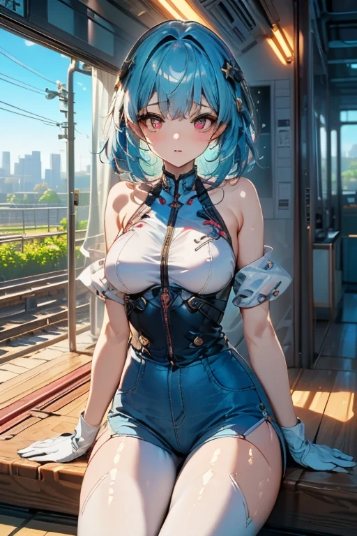 1 western girl, slim body, human levitation, tight coat, cyan lace bra, s(very small eios), white jean shorts, long straight hair ponytail, black and white colored hair, lunar terrain in background --auto --s2