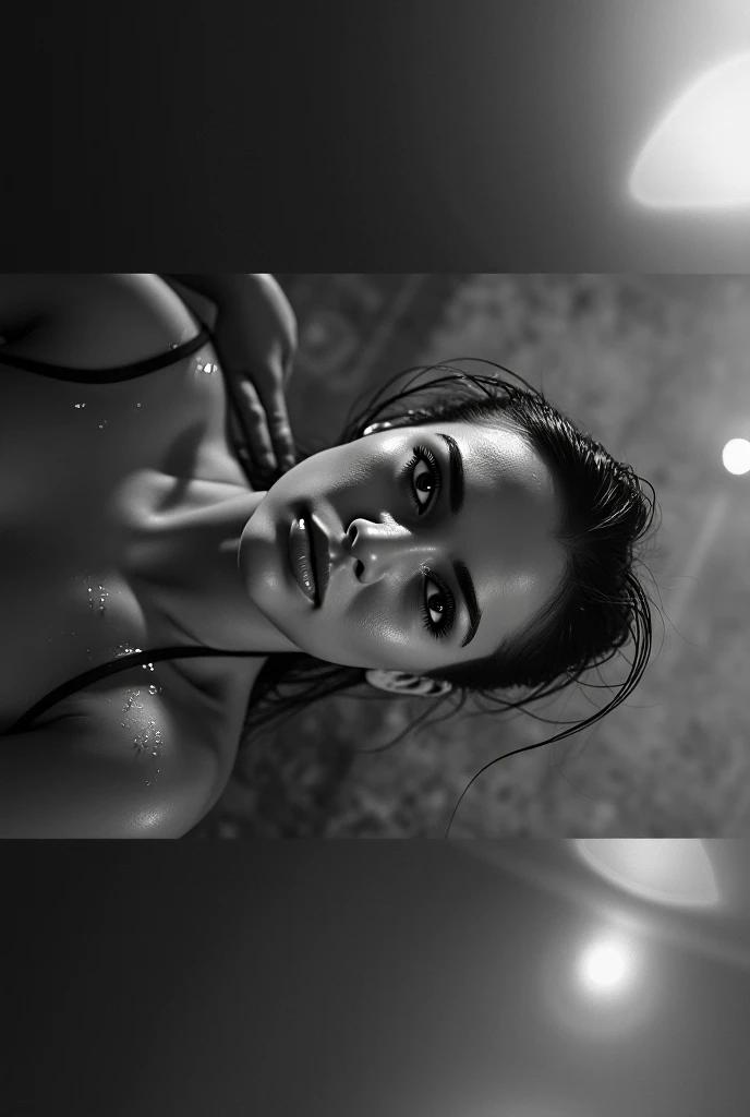 Asian Girl, Transparent dirty dress, She is lying on her back in the wet mud, dark, Her body is dirty, Mud on her face, Monochrome, Black and White Photography, Mud on her body, Low light, Ultra-high resolution photos, eye contact, Sexy pose,