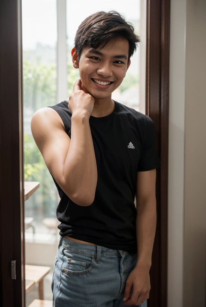 tanned black handsome young man in his 20s, laughing with big mouth,