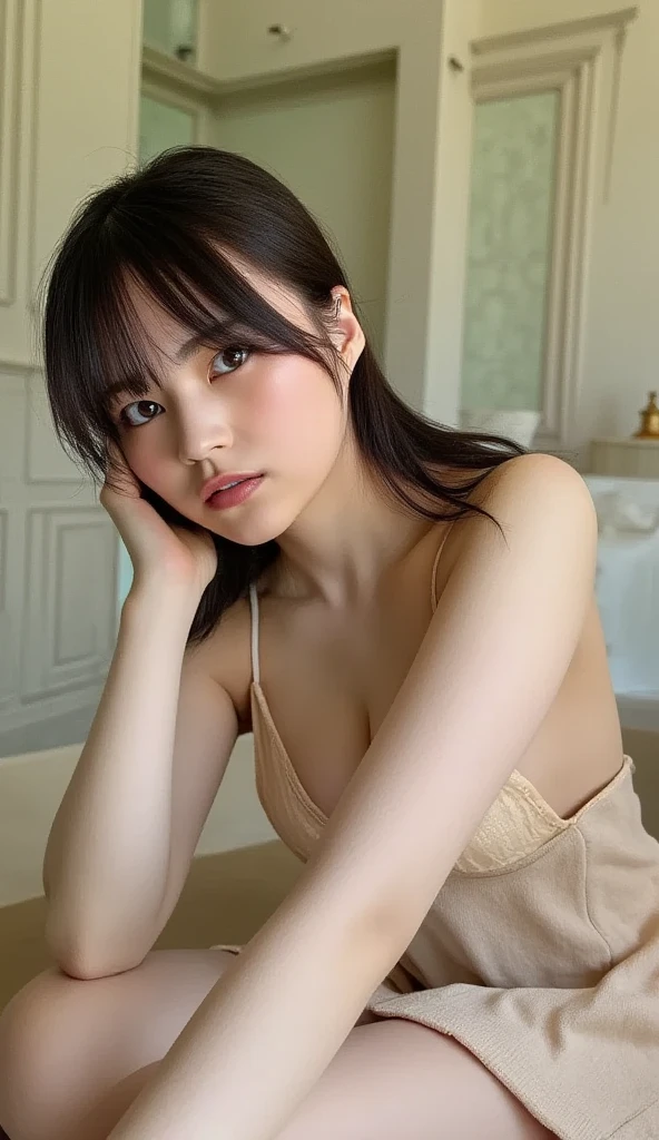You are a professional photographer。Highest quality, masterpiece, Ultra-high resolution, (Realistic), Sit down and spread your legs、RAW Photos, Japanese Idols、ponytail、Brown micro bikini, 、Whole Body Ezbian、choker、Highly detailed face and skin texture, Delicate eyes, double eyelid