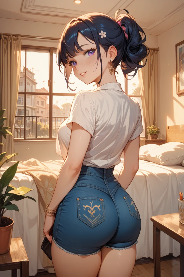 (masterpiece:1.3, Highest quality, Ultra-high resolution, Super detailed), (Realistic, photoRealistic:1.4), Beautiful illustrations, Perfect lighting, colorful, Depth of written boundary, Beautiful detailed hair, Beautifully detailed face, Beautiful fine details, Beautiful clavicle, Beautiful body, 美しいLarge Breasts, Beautiful thighs, Beautiful feet, Beautiful fingers, View Viewer、Front view:0.6, Beauty1人, Japanese, Beauty、30 years old, Perfect Face, (Perfect Anatomy, Anatomically correct), Cute and symmetrical face, Baby Face, , Shiny skin, ((Light blue shirt:1.4)), ((skirt:1.5))、 (Black Hair, Short Hair:1.4), Dark brown eyes, Droopy eyes、Large Breasts, Slim body, necklace, (Small earrings:1.3), (Beautiful views), (night), (Hotel room、bed), (bedに寝ている), A soft smile、(Smile, Lips parted),