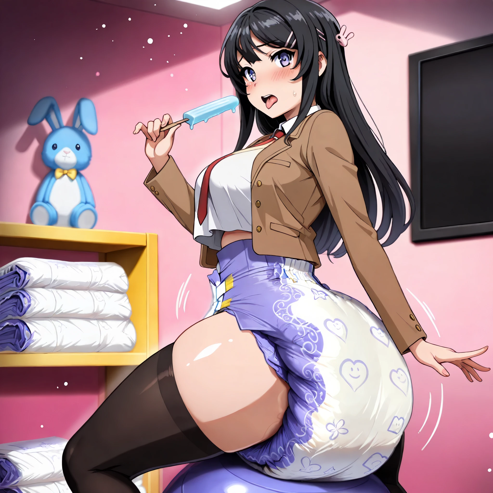 from side, cowboy shot, from below, perfect anatomy, in the kids room, solo, 1 woman, (turning the body to the right, looking at viewer:1.2), (Straddling the balance ball:1.2), (nervous:1.1, blush:1.1), open mouth, (arms behind back, spread fingers:1.2), (outstretched arm and holding the popsicle), (spread legs:1.2, Opening the hip joint), (curvy:1.2), (long hair, black hair, purple eyes, hairclip, rabbit hair ornament, MaiSchool, blazer, open jacket, brown jacket, yellow vest, white shirt, long sleeves, red necktie, black Thighhighs), SDXL_POS, (big blue Stuffed bunny on the shelf:1.1), (big blue balance ball between the legs:1.1), (pink walls with white floral Patterns:1.2), (wall mounted big black monitor display on the left side:1.1), large Blue popsicle, (yellow shelf on the right side:1.1), (folded diapers in the shelf, large folded print diapers), (bouncing hip:1.1, motion line:1.3), anmnr, (large breasts, crop top overhang), shiny skin, tongue out, (thick thighs), (huge butt:1.2), (wearing high-waist big diaper:1.3, print diaper, animal print, character print, purple diaper, back-print diaper), ((top light, ceiling light, fluorescent light, light particles:0.9), hard shadows, high contrast, strong eye highlights), BREAK ((masterpiece, detailed:1.2), 4k, high detailed, amazing quality, beautiful detailed eyes),