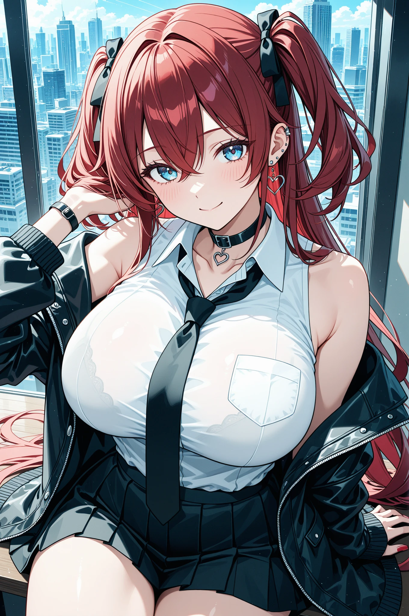 1 Female,High definition,high resolution,Ultra-realistic,8K, 8K, 1girl, solo, red hair, red eyes, twintails, employee uniform, pencil skirt, skull print, navy cap, fang, black legwear, white gloves,European,sexy,Upper body close-up,Photographed from the front,Dynamic Angles,(blush), big tits , happy, wink the eye,facial, sweat,multicolored hair , outdoors, moonlight, night ,bus station background