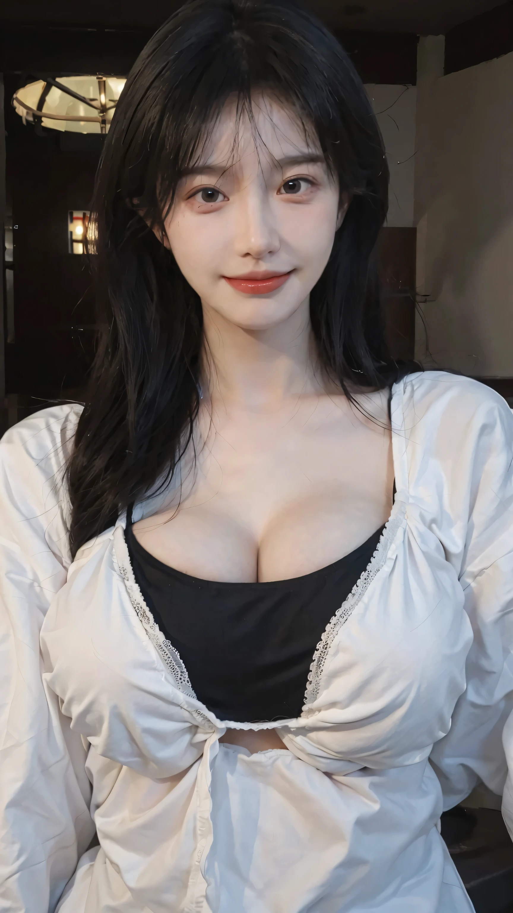 White fluffy oversized sweater、Off the shoulder、(((Big Breasts))),Big cleavage、Long black hair、jirai girl, jirai type make-up、Red eyeliner、(open doorway:1.3)、(Gloss Eye、Glossy lip lipakeup:1.2), (open mouth 、A devilish smile:1.3)、doggy style back sex