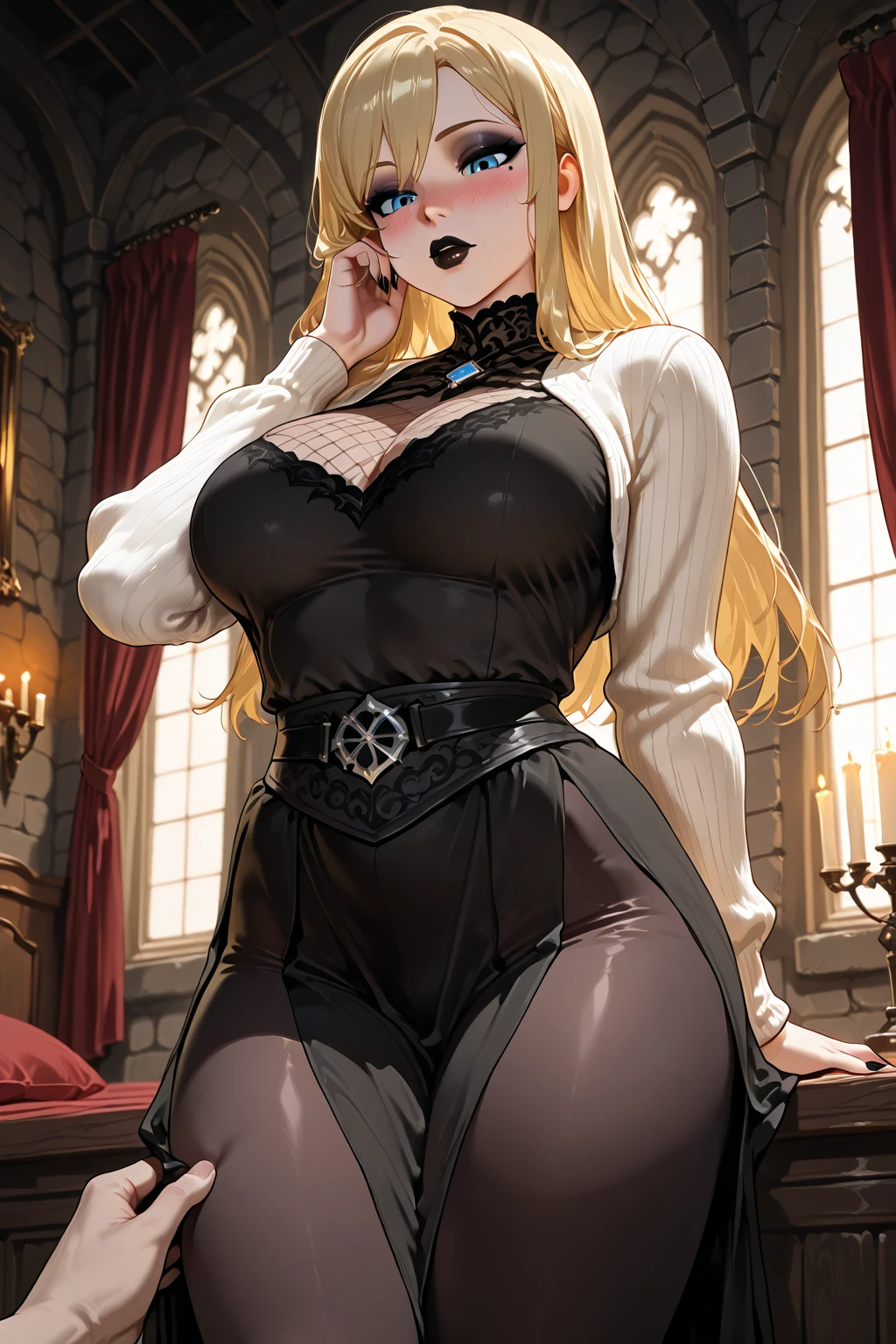 (Yellow-Haired Vampire Queen, Luscious yellow-gold hair),  (Cinematic splendor, Liquid gold locks), (Vampiric power:1.3), (Moonlit shadows:1.2), (Captivating beauty:1.2), (Spellbound, Reverence, Regal presence),(Eternal allure:1.3), (Enigmatic ruler:1.2), (Regal elegance:1.2), (Forbidden desires, Mesmerizing, Alluring), inspired by the spellbinding artistry of Jasmine Becket-Griffith and Kinuko Y. Craft,(((milf))),solution, <lora:solution-overlord:0.6>