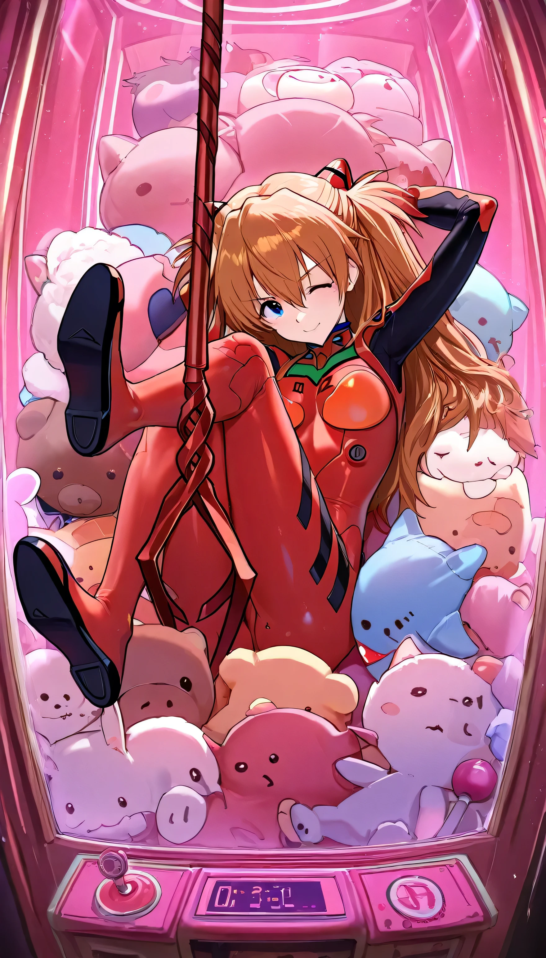 (beautiful girl: 1.3),masterpiece,Ultra-high resolution,rich contrast,Very high quality,8k,Highly detailed CG unit wallpaper,Texture,So ridiculous,RAW Photos,Depth of written boundary 1.2,(Asuka Langley Soryu is sitting),in crane game,(dark lighting),smile,neon light,Tilt your head,(The crane is made of the Lance of Longinus.),(The stick is made from the Lance of Longinus),closed eyes,A large number of stuffed toys of characters from Evangelion are lined up