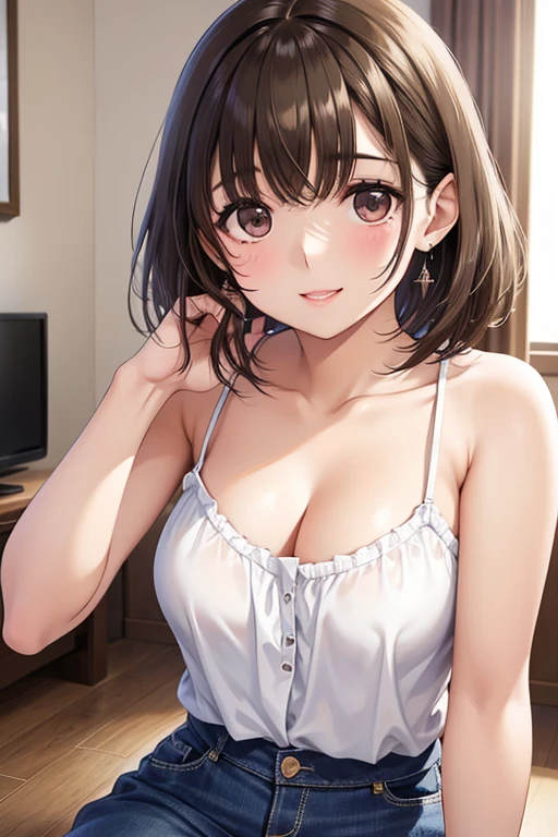 (Highest quality, High resolution,  Masterpiece, 4K), (hotel lobby、Very bright room、Strong light from the front、Luster of hair、Beautiful eyes、Full body photo)、young woman、The whole body is visible、A confused smile、Squint your eyes ((Soft wavy short hair、Shiny chestnut hair)), ((Wistful eyes、Gray Eyes, Beautiful Eyebrows)), ((Light on the face、Detailed face, blush:1.1)), ((Smooth texture:0.75, Realistic texture:0.65, Realistic:1.2、Anime CG Style)),Medium chest、valley、Dynamic Angle、A body with just the right amount of flesh、(Sexy thighs、I see beautiful legs)、Stylish tops in random colors、Skirt in dark colors、Cute Earrings、Peeking into this、Seductive gestures、Angle from below、Show off your favorite clothes