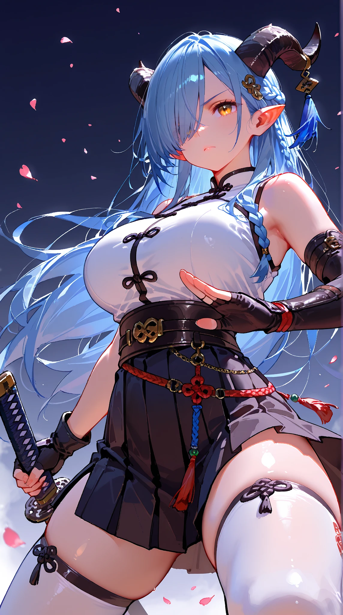 Masterpiece, Best quality, 1 Ji Ruxue, the expression is cold, strong, blue eyes, short hair, wolfcut hairstyle, smoky mix blue color hair, resolute eyes, red lips, simple Taoist Taoist uniform, Chinese mix morden, frontal photo, black or white background, simple background, アニメ, illustration, Chinese style short-sleeved shirt, cool girl, Ji Ru Xue, Fullbody