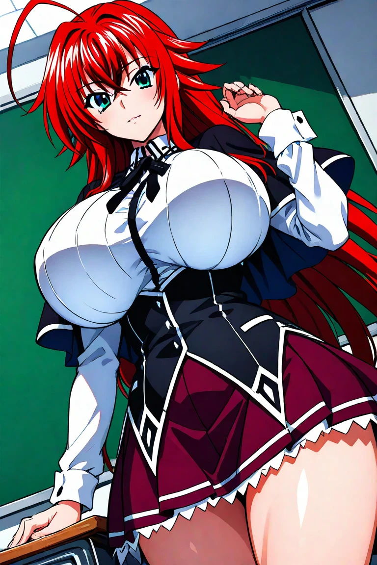 breas,Rias_Gremory, black ribbon, white collared shirt, red pleated skirt, black capelet,chichibukuro