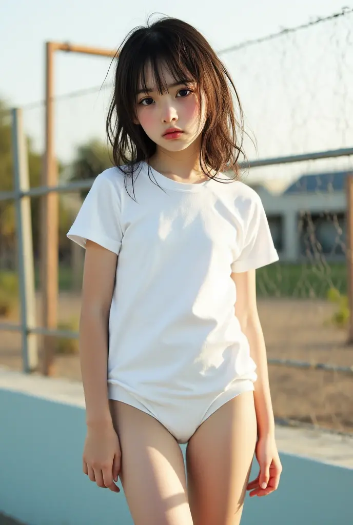 Little girl on top,Looking down,from below,White light panties,Flat sandals,sitting on the classroom desk,Crotch view,Mocking expressions,Smiling,White light bandeau,Large angle upward view,Sky background or ceiling background