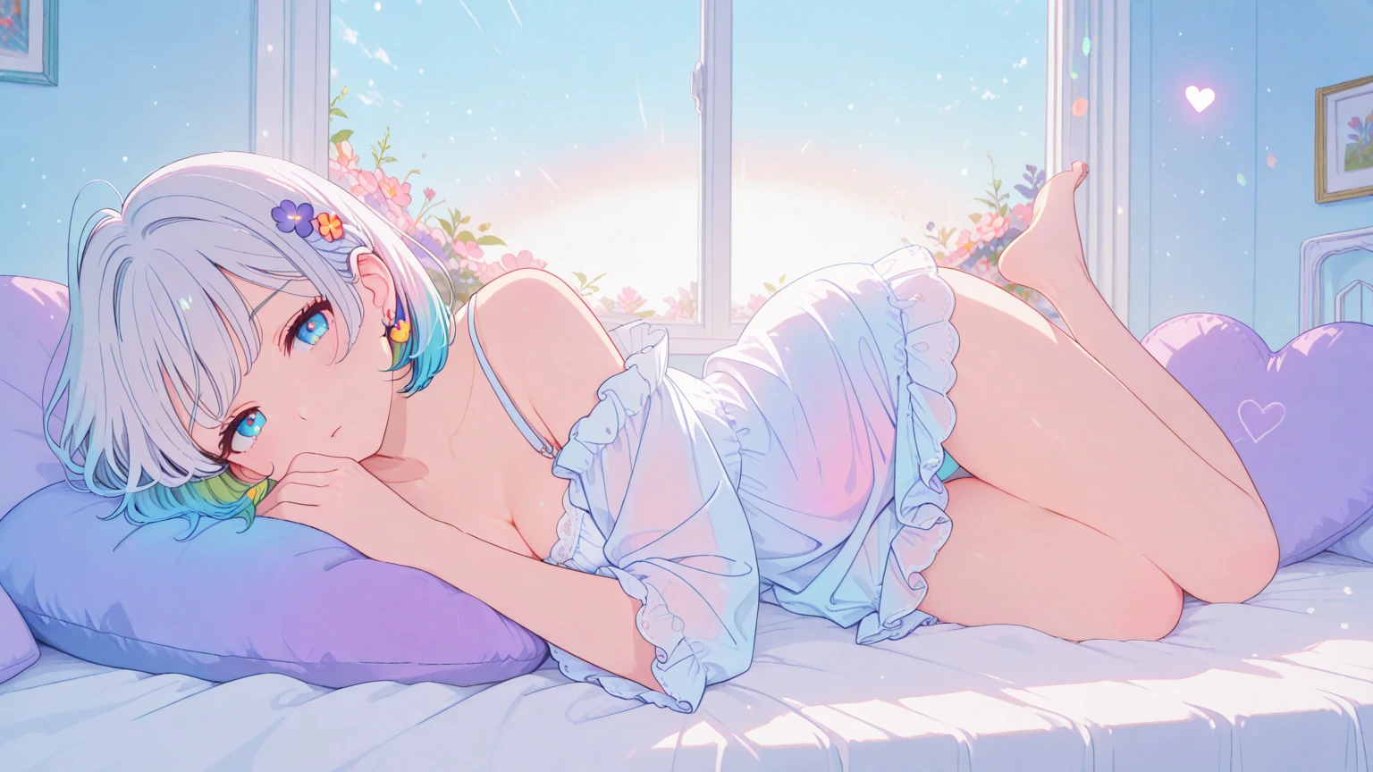 (gray hair),(curly hair with a lot of fluff:1.4),(short hair with curls:1.3),(With bangs),(iridescent eyes:1.25),some red tide,(Beautiful breasts spilling out of clothes:1.3),(My eyes are shining brightly:1.2),(eye size:1.7),(Bedroom with morning sunlight:1.23),(pretty girl'my room:1.35),(baggy t-shirt:1.3),(Her chest is open and you can see her cleavage:1.3),(Sparkling eyes full of expectations:1.25),(close up of face:1.4),(perspective from above:1.3),(Close your mouth and smile brightly:1.3),(beautiful body),(Older sister sitting on the bed),(lean forward:1.4),(Cute pose standing:1.25),(There are many colorful flowers in the room:1.5),(NSFW:1.2),