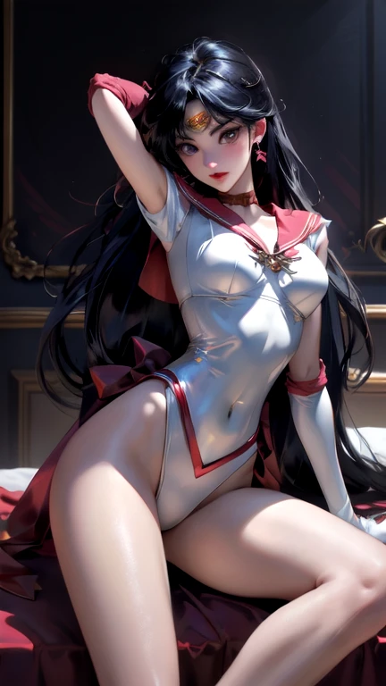 (best quality,8k:1.2,high resolution:1.2),ultra-detalhado,Realistic,retro science female,21 YEARS OLD,long hair,rosto extremamente detalhados,long eyelashes,all sheer light red leotard de nylon Apertado,all light suntan pantyhose, gloves,Glossy metalic accessories,Physically-based rendering,sharp focus,studio lighting