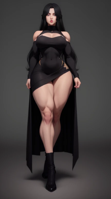 (masterpiece), best quality, expressive eyes, perfect face, vampire girl, huge girl, female muscular:1.2, big breast:1, (underboob), (curvy:1.7) , (straight hair:1.8), ((blank background)), ((full body)), wide hips:1.7, thick thighs:1.3, (long legs:1.4), amazon body, toeless boots, ((pale skin)) , red eyes, black hair, (long fangs) , long gray dress, long sleeves, loose sleeves, covered nipples