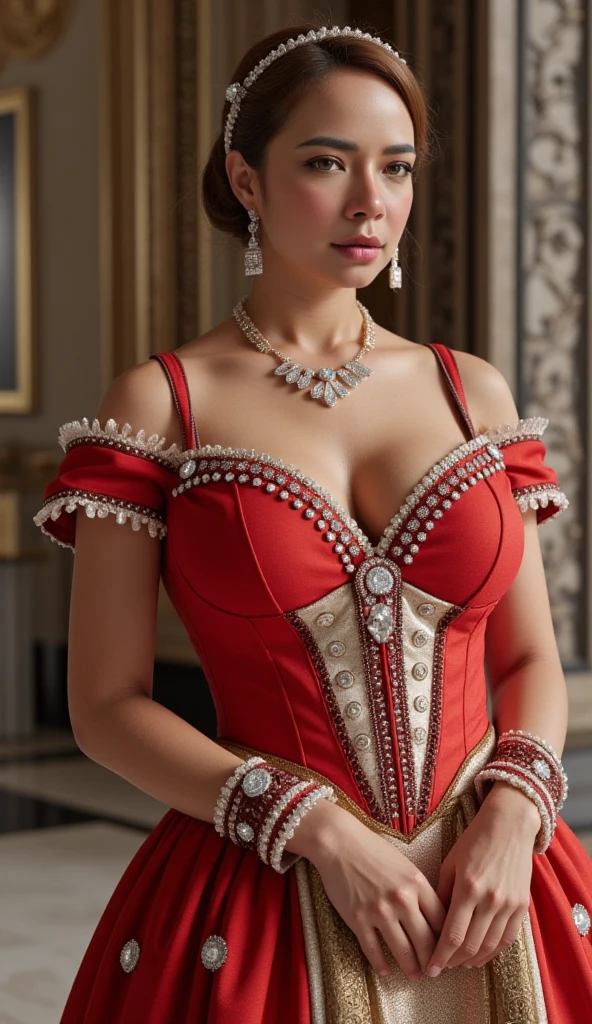 queen , photo vintage, visage feminin parfait, REDHAIR , tache de rousseur, 1788, big huge breasts : 68k ,FRONT VIEW, Rembrandt LIGHT , EXTREME LONG V-NECK, BIG CLEAVAGE, BEAUTIFUL EYES, BEAUTIFUL HANDS, LIGHT SMILES, PERFECT FACE, tres long décolleté, CASTLE BACKGROUND, QUEEN, NECKLACE, RING, JEWELERY RICH, SFW, FULL BODY, COLORFUL, transparent LINGERIE, ROYAL BEDROOM , TRANSPARENT gold, full frame