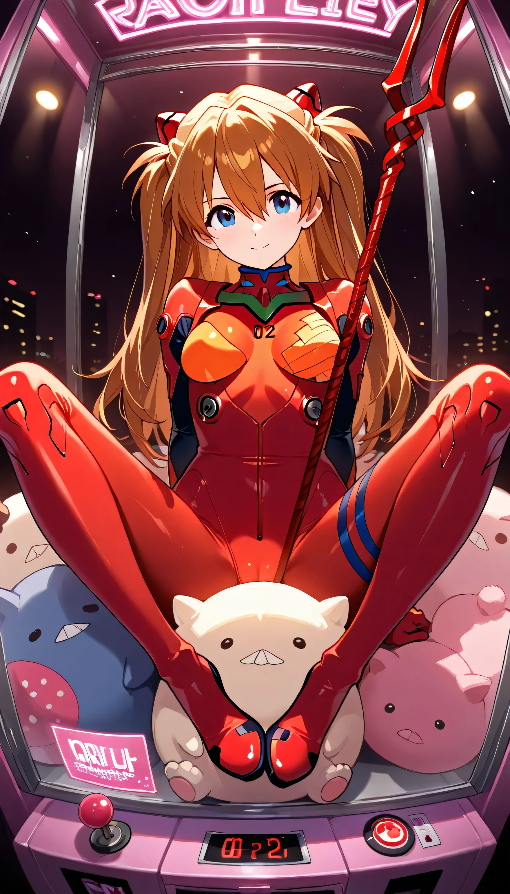 (beautiful girl: 1.3),masterpiece,Ultra-high resolution,rich contrast,Very high quality,8k,Highly detailed CG unit wallpaper,Texture,So ridiculous,RAW Photos,Depth of written boundary 1.2,(Asuka Langley Soryu is sitting upright holding a stuffed toy of Asuka Langley Soryu holding the Lance of Longinus),in crane game,(dark lighting),Very smiling,neon light,Tilt your head
