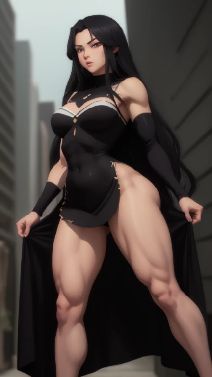 bayonetta, underwear, fishnet tights, sunset beach, fluttering hair, long ponytail, long wavy hair, long curl hair, thick thighs, huge hip, (abdominal muscle:1.2), long eyelashes, eyeshadow, blush, gentle smile, upper body from below, spread legs