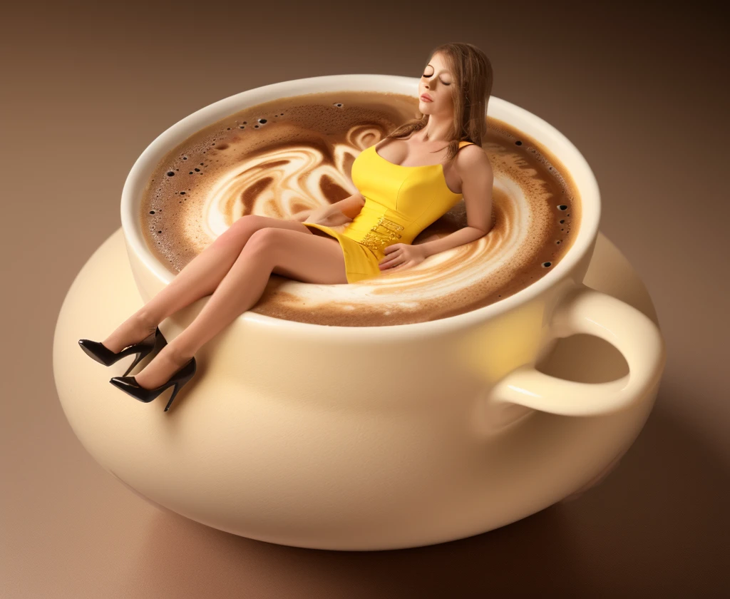 <lora:Women_on_cutlery:1>  minigirl, a woman inside a coffee cup on a desk
