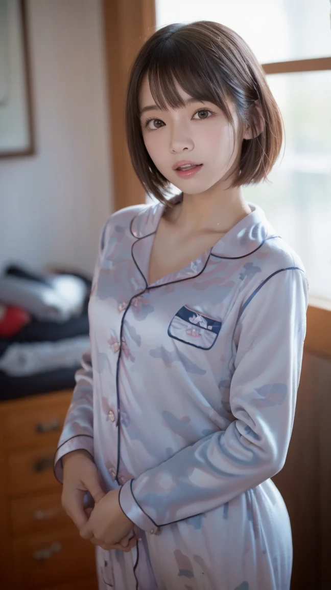 (Very realistic photos, concentrate、High resolution, Detailed face, Fine Eyes), ((Shooting in a room))、Japanese women, 20-year-old, various expressions, Upper Body、Mr.々Hair style,Only one person is in the photo、Photographed in natural light、Loungewear、pajamas、Bob Hair、Shortcuts、Looking into the camera、A happy smile、Natural clothing、Waking up