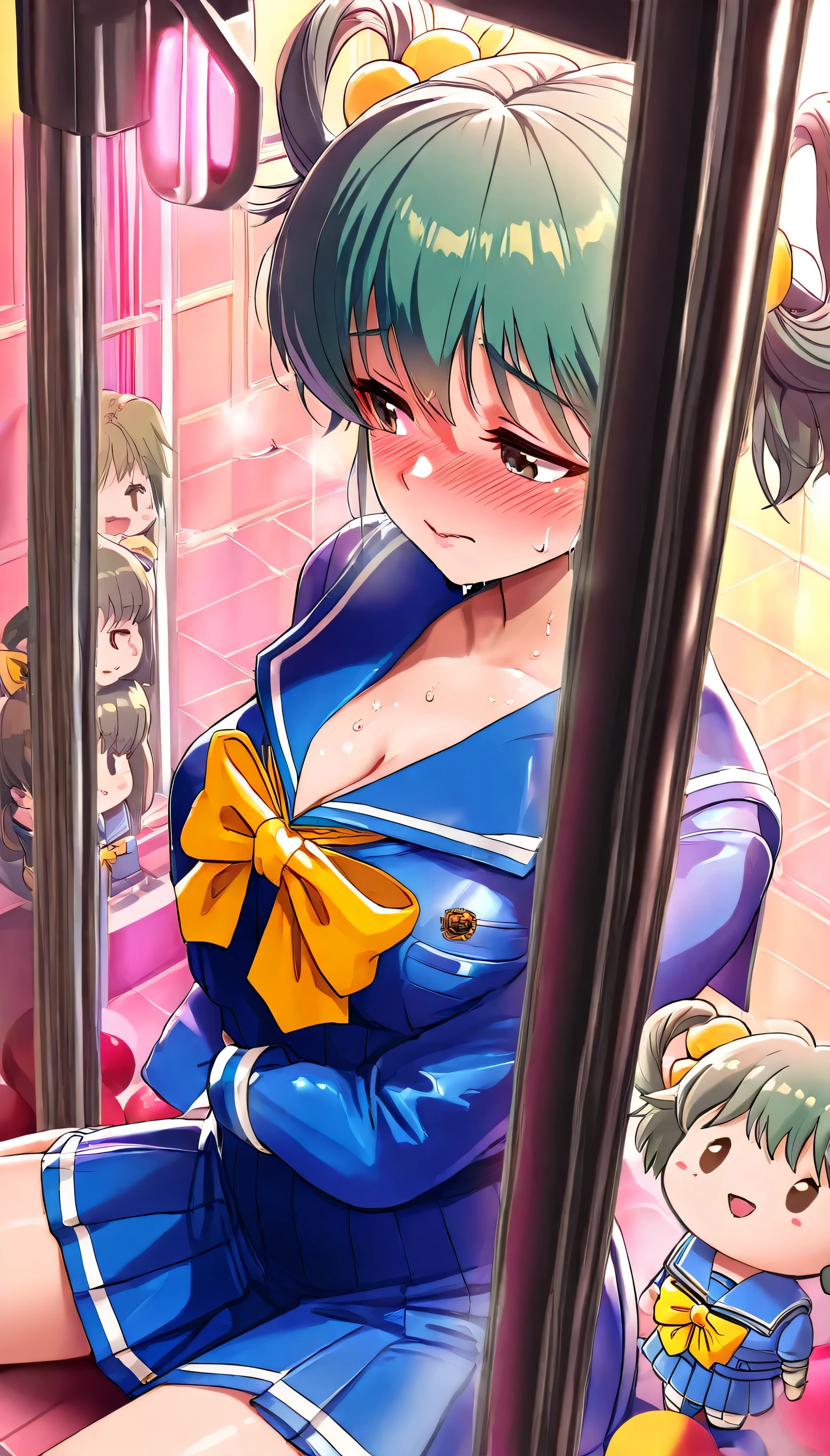 (beautiful girl: 1.3),masterpiece,Ultra-high resolution,rich contrast,Very high quality,8k,Highly detailed CG unit wallpaper,Texture,So ridiculous,RAW Photos,Depth of written boundary 1.2,(((Shiny bright green hair))),in crane game,(dark lighting),neon light,Tatebayashi Miharu,Watching the crane overhead,I'm nervous,sweat,wariza,(blue sailor suit:1.5),The large ribbon on the front of the sailor suit is yellow,(blue pleated skirt:1.5),