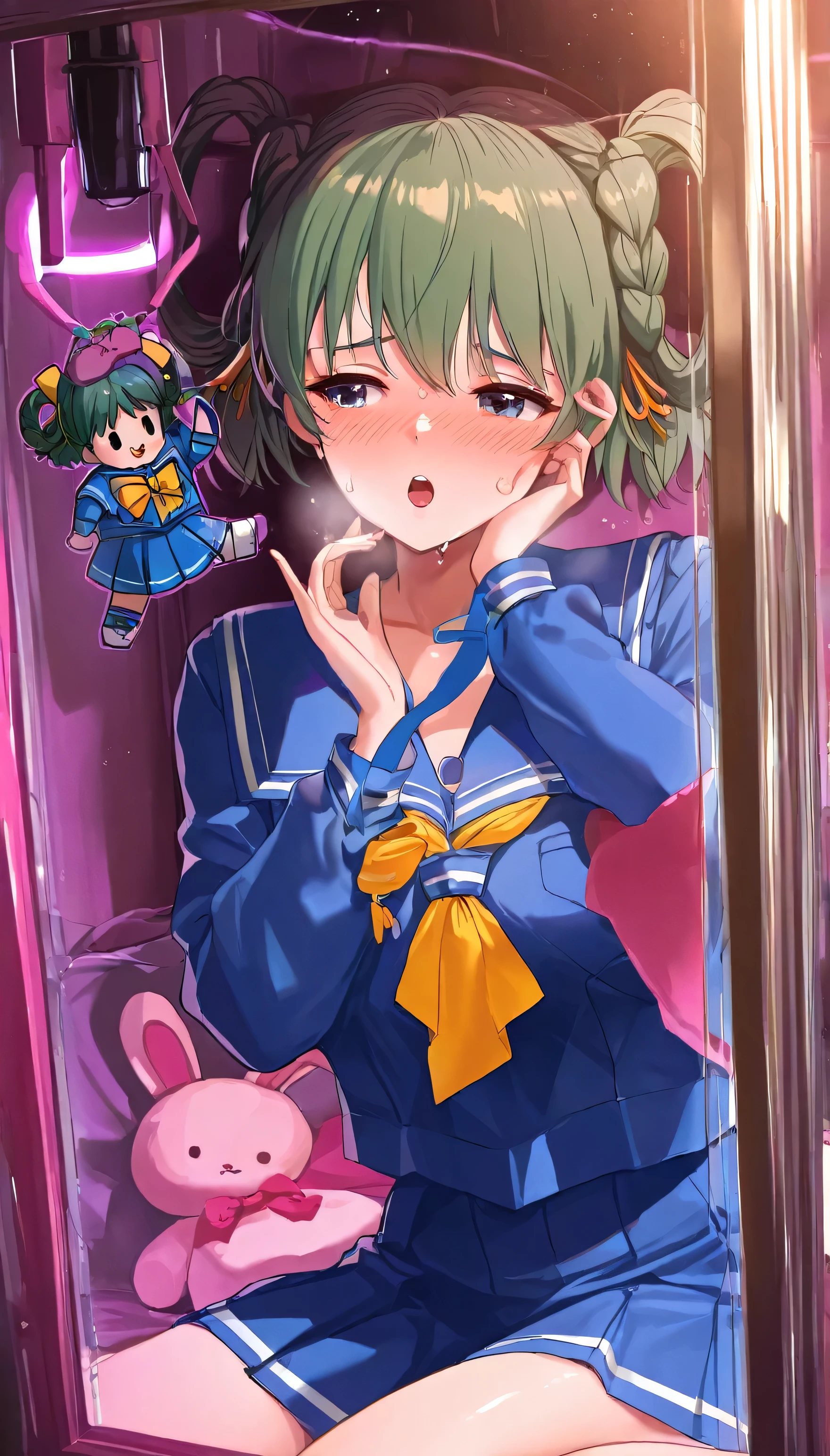 (beautiful girl: 1.3),masterpiece,Ultra-high resolution,rich contrast,Very high quality,8k,Highly detailed CG unit wallpaper,Texture,So ridiculous,RAW Photos,Depth of written boundary 1.2,(crown braid,brown hair),in crane game,(dark lighting),neon light,Tatebayashi Miharu,Watching the crane overhead,I'm nervous,sweat,wariza,Shiny bright green hair,(blue sailor suit:1.5),The large ribbon on the front of the sailor suit is yellow,(blue pleated skirt:1.5),