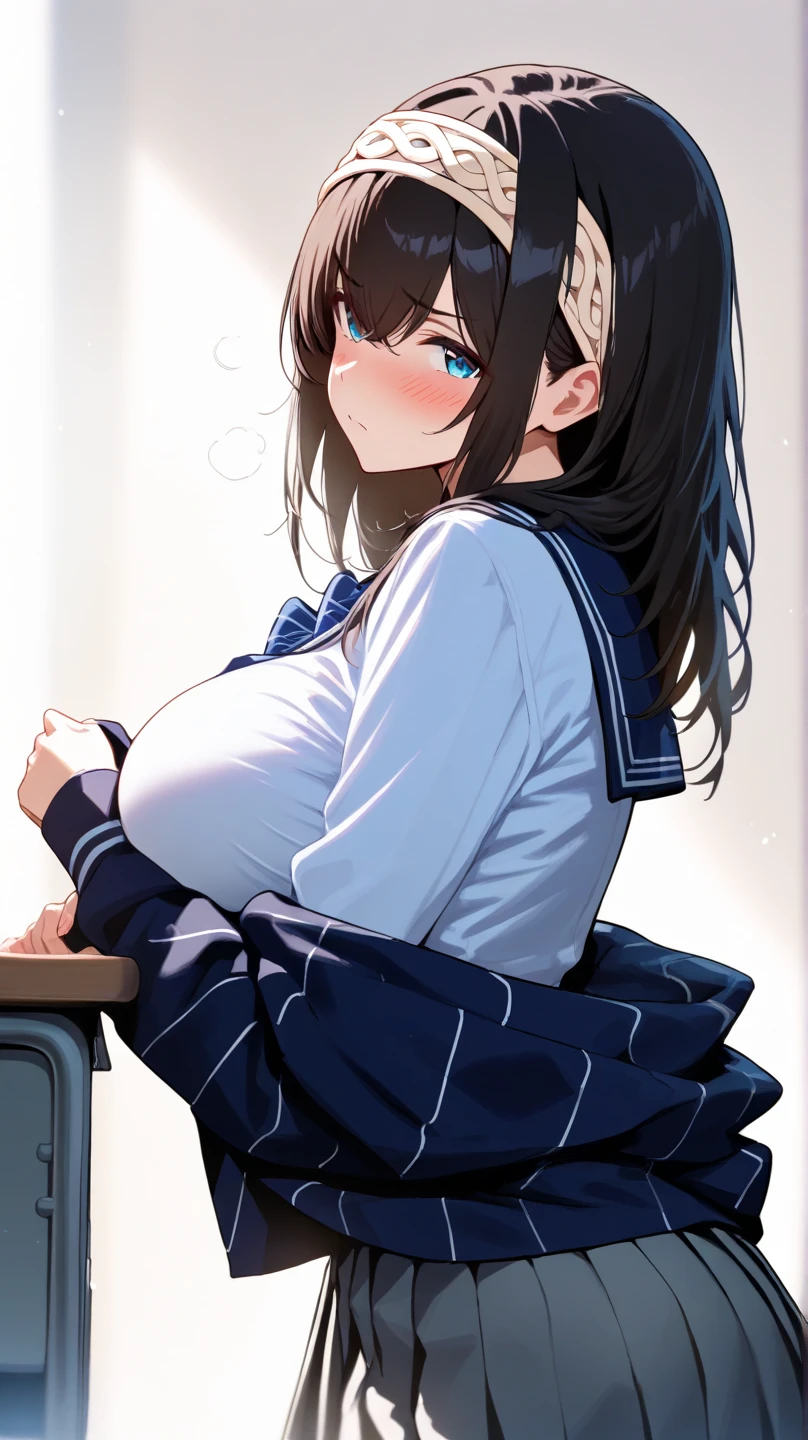 Masterpiece, Best Quality, ultra high resolution, student, school attire, hermosa student de tetas caidas, huge tits, with her tits resting on the table, you can see her huge ass, round ass, perfect ass, hands resting on her tits, Transparent clothing, wet, sexy