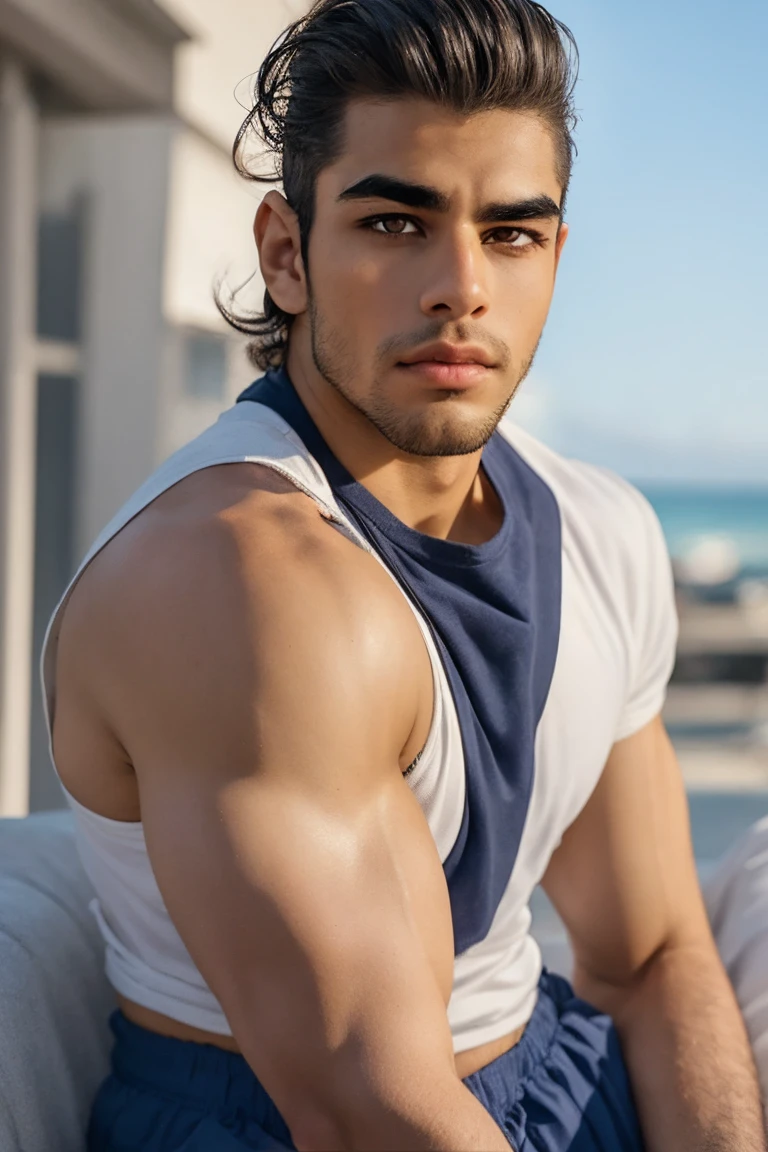 Photo of a stunning handsome Brazilian man backside, short and messy wind light brown hair, flipped hair, close-up zoomed in tight cropped portrait, walking in a (paradisiacal beach scene: 1.2) Wearing (linen pants without shirt: 1.3) (Beach slippers on hand: 1.3) (Lights - Gold: 1.2) Foreground object background detail (Masterpiece: 1.2) (Realistic: 1.2) (Bokeh: 1.2) (Best quality) (Color grading) (Detailed skin: 1.3) (Complex) (8K) (High Dynamic Resolution) (Cinematic Lighting: 1.3) (Clear Focus), Messy Windy Hair