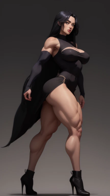 tmasterpiece,Look up from the bottom up,finely detailled,Burly woman,Exaggerated large muscles,black lence stockings,Pointed-toe boots, (Full body like:1.1),standing on your feet,Beautiful and charming female face, Single female,Very fair skin,Very broad shoulders, Strong and powerful arms,The deltoid muscles are thicker,Stout arms,Strong and powerful leg muscles,thick leg,Very thick calves,long leges,looking to the camera