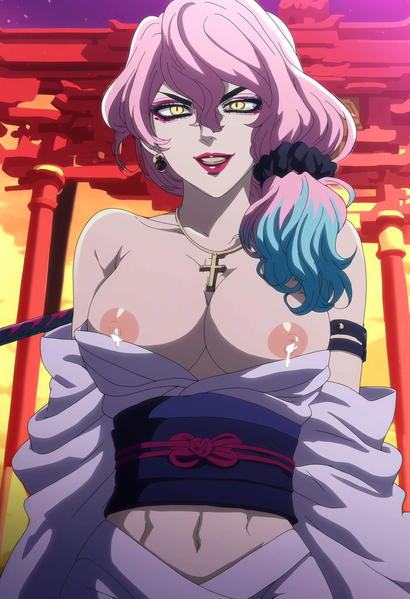 2 dark skinned girls, very detailed purple irises, wearing summoning robes, summoning circles, long hair, curled hair, covered in cum, holding ancient goblet full of cum, robes falling off of naked body, smiling, ancient castle, gold jewelry, extremely high detail, best detail
