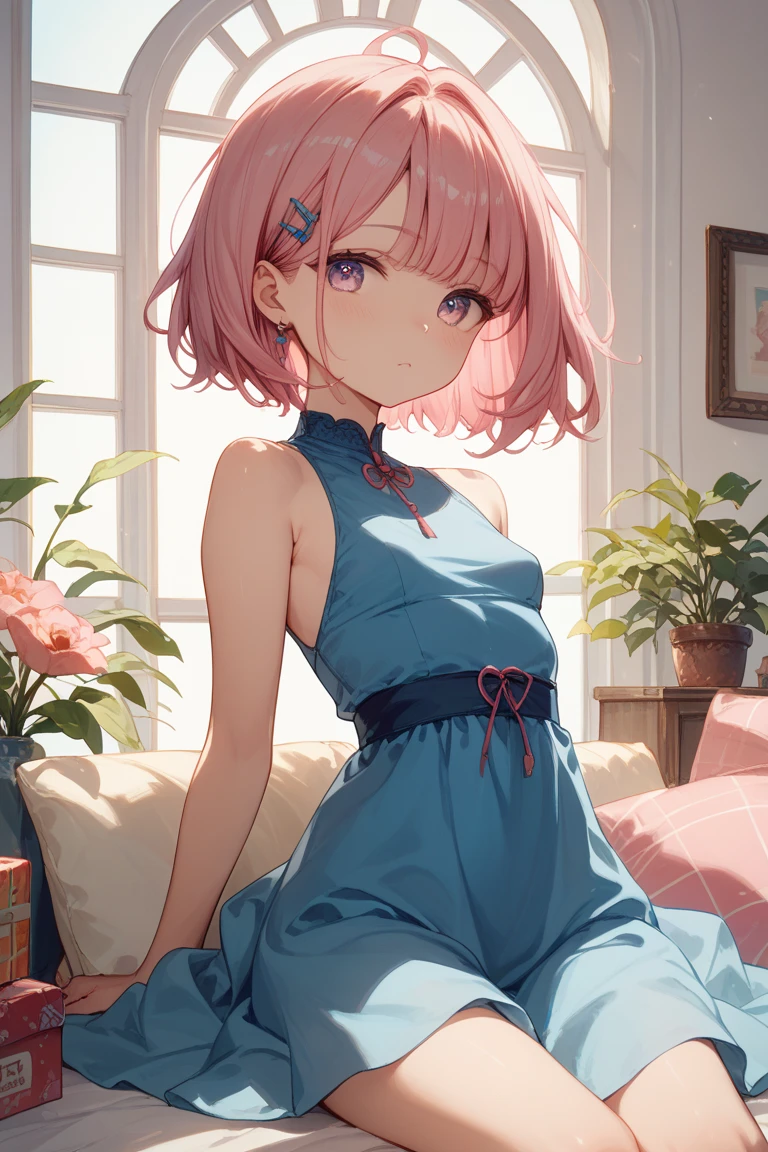 futiyaCB, aqua_shirt, short sleeves, off shoulder, collarbone, bare shoulders, small breasts, pink_hair, short_hair, red_eyes, 1girl, solo,standing, looking at viewer, cowboy shot, day, dappled sunlight, bedroom, (masterpiece,best quality,beautiful and aesthetic:1.2), <lora:futiyaCB-V1.1:0.7>