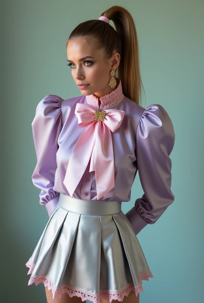 DV_Ducky_Vicious, (21 years old), long blonde hair, sly smile, modern photo, dr3ss, shiny pink satin, maid dress, frills, full body, platform heels, ankle cuffs, short puffy sleeves, thighhighs, (cowboy shot:1.3), (35mm, F/2.8) Photo Focus, DOF, Aperture, insanely detailed and intricate, character, hypermaximalist, beautiful, revealing, appealing, attractive, amative, hyper realistic, super detailed, beautiful woman, ((detailed eyes)), long eyelashes, (glossy lips), in her room A beautiful woman with black eyes and a textured mouth, blonde hair and a delicate nose,Similar to (Margot Robbie) with her features ultra-realistic graphic, photo shoot global illumination, 4K image, ultra-detailed,