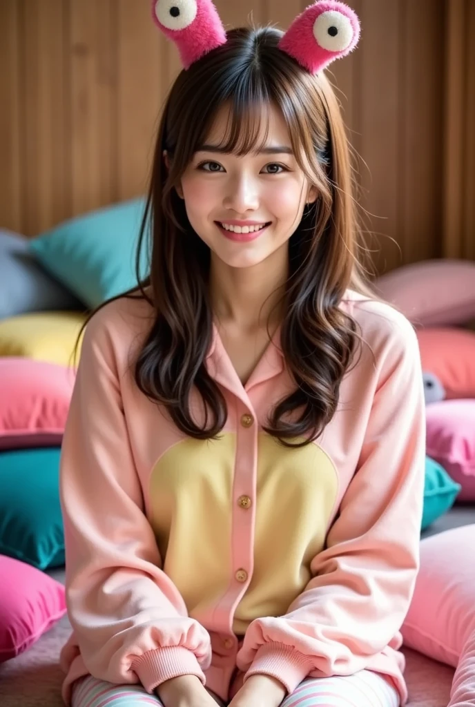 (Best-quality, Masterpiece, Ultra-High-Resolution, (Photorealistic:1.4), Raw Photo, depth of field, professional lighting, perfect anatomy, extremely details), 1girl, 15-years-old, the most famous Japanese idol, (extremely cute face like the most popular Japanese idol, ((extremely cute and extremely big eyes)), extremely beautiful hair, extremely beautiful skins), extremely cute long-eyelashes, extremely cute lips,
sitting on sofa in private-room,
wearing loose-fitting pajamas with cute-design,
((((ingested large amounts of illegal-drugs, (absolutely ecstatic)))))