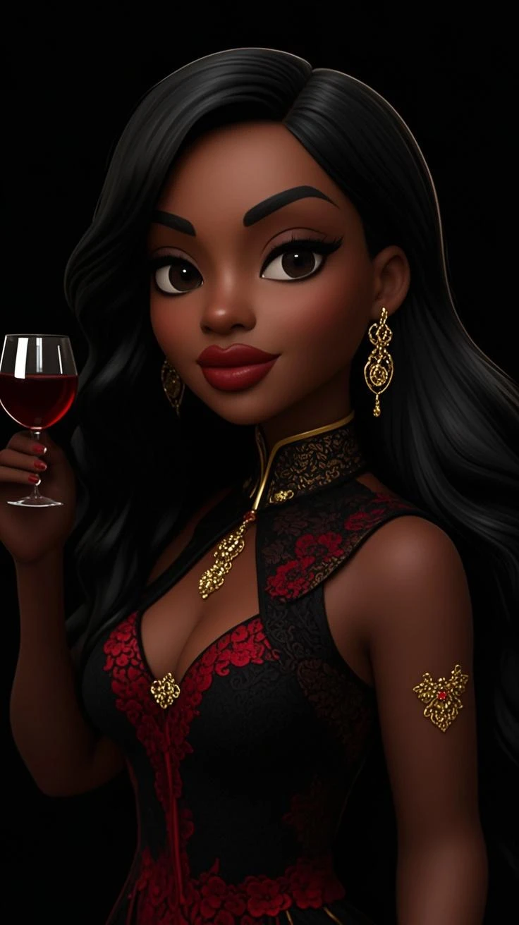 Illustration of a black woman, long, wavy, dark brown hair pulled back in a hairstyle with golden adornments, she has green eyes, and she's wearing a long red gala gown and a golden mask over her eyes