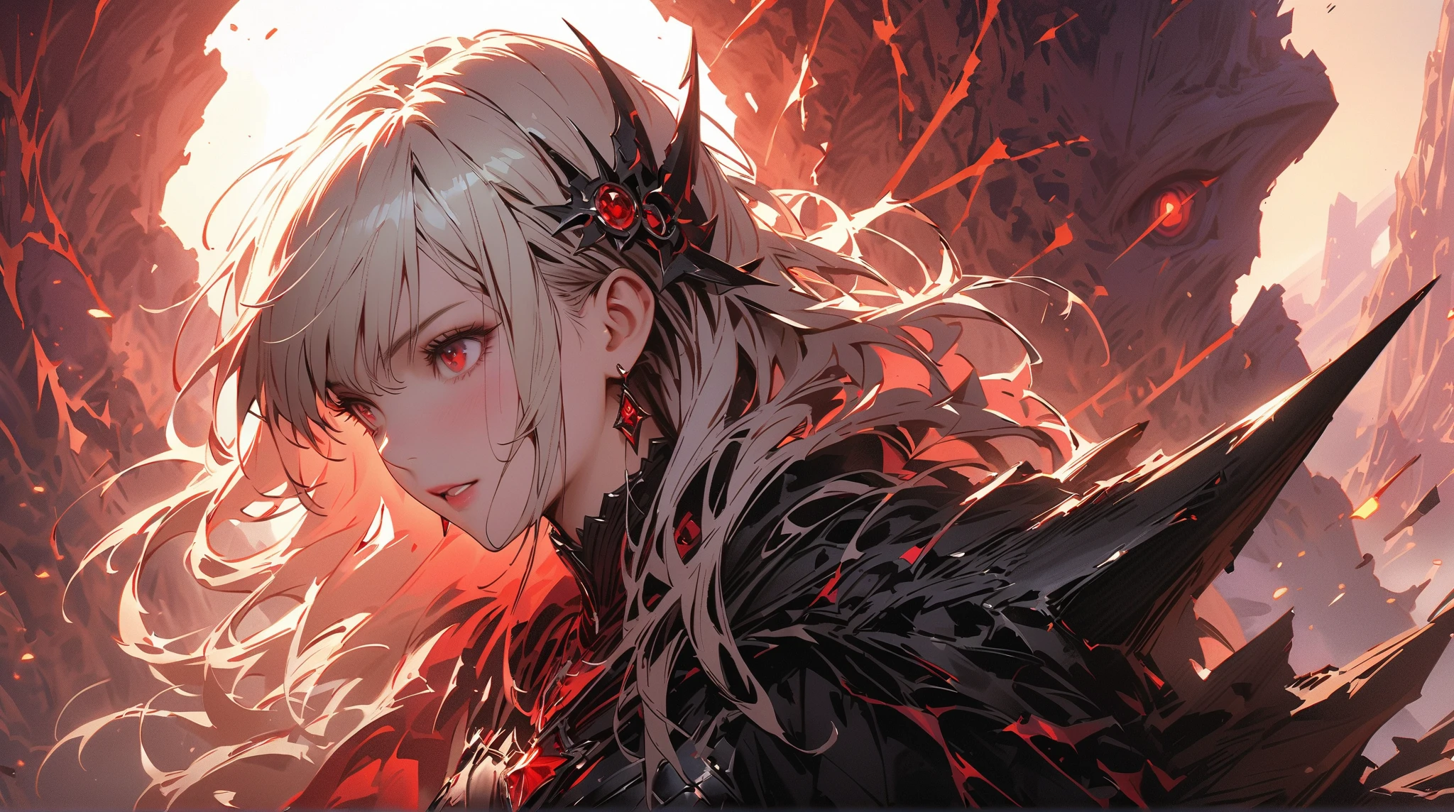 a handsome man with red eyes and white hair, fierce battle, intense action, highly detailed, cinematic lighting, dramatic composition, epic fantasy, grandiose scale, photorealistic, 8k, masterpiece