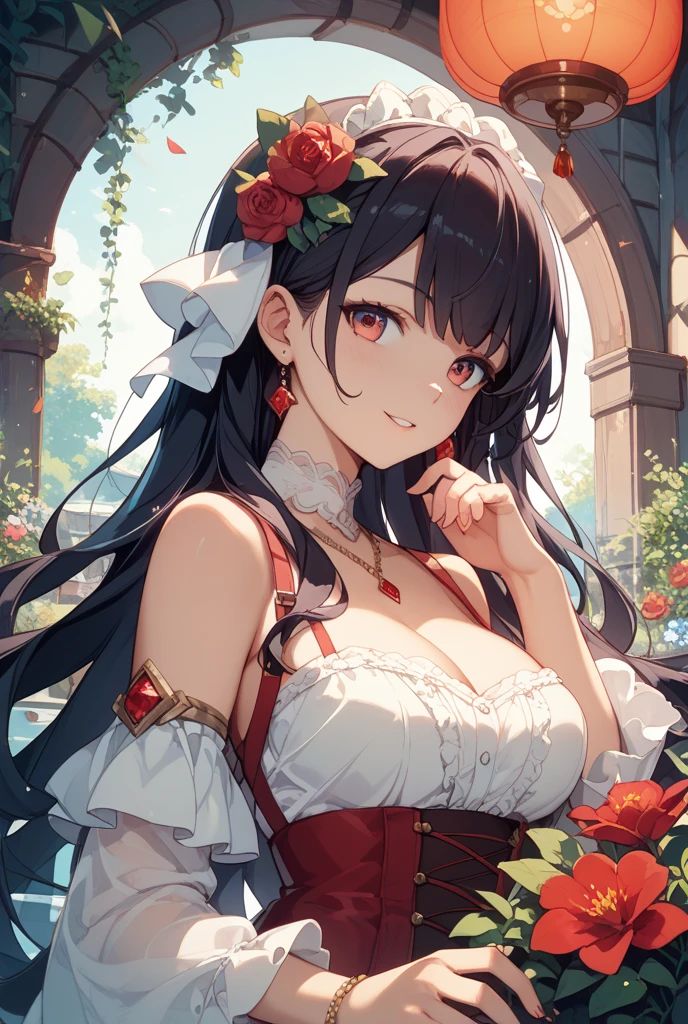 (illustration:1.1), (perfect details:1.1), landscape, background, rose, abstract, 1girl, medium breasts, flowers and petals, rk_satono diamond \(umamusume\)