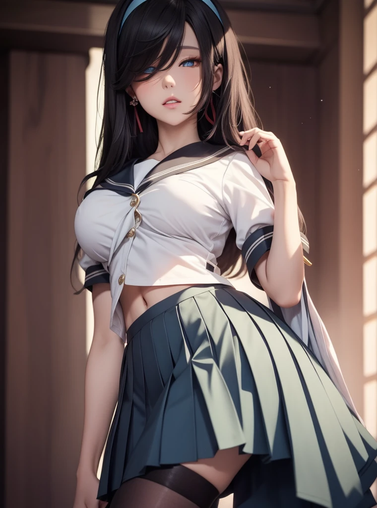 schoolgirls,green skirt,black color hair,Tsundere,Be red in the face,eye closeds,black lence stockings,with a good figure