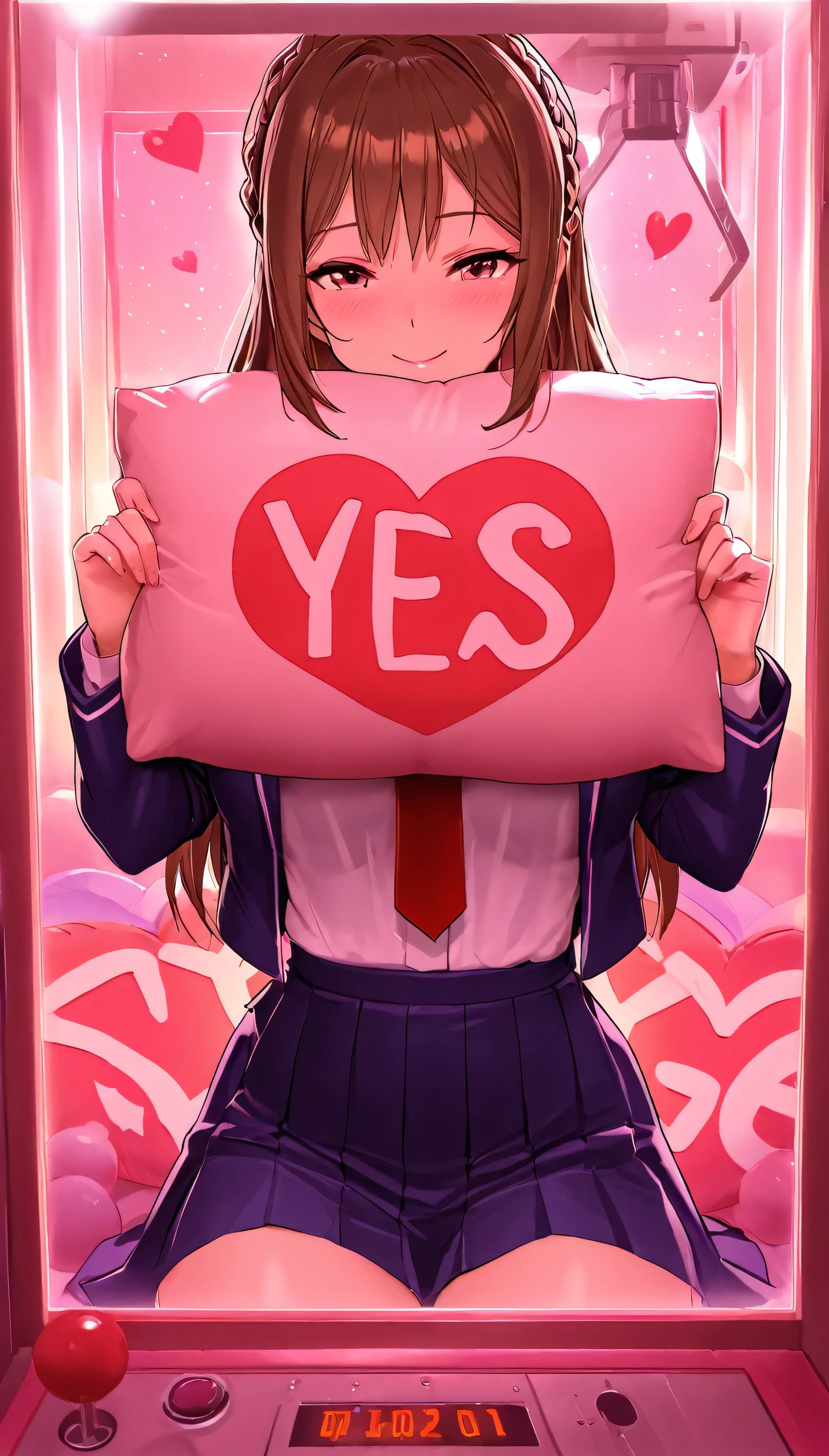(beautiful girl: 1.3),masterpiece,Ultra-high resolution,rich contrast,Very high quality,8k,Highly detailed CG unit wallpaper,Texture,So ridiculous,RAW Photos,Depth of written boundary 1.2,(crown braid,brown hair),sidelocks,smile,in crane game,Blazer uniform,Pleated skirt,physical education sitting,(dark lighting),(((Many yes and no pillows lined up))),neon light,yes, yes-pillow, heart, pink pillow,no-pillow, blue pillow