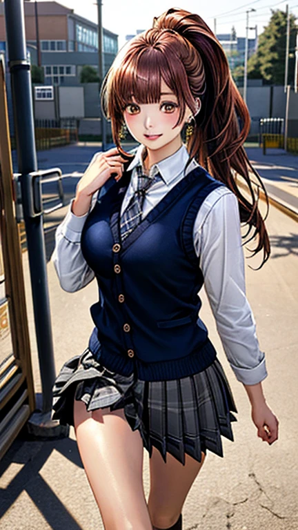 (masterpiece:1.2, top-quality), (realistic, photorealistic:1.4), beautiful illustration, (natural side lighting, movie lighting),
(from behind:1.2, bottom view), looking at viewer, full body, 1 girl, japanese, high school girl, perfect face, cute and symmetrical face, shiny skin,
(long hair:1.8, straight hair:1.7, blond hair), asymmetrical bangs, purple eyes, (large breasts:1.1, thick thighs),
beautiful hair, beautiful face, beautiful detailed eyes, beautiful clavicle, beautiful body, beautiful chest, beautiful thigh, beautiful legs, beautiful fingers,
((light blue collared shirts, navy pleated mini skirt, socks, navy tie, light brown cardigan, white thighhighs)), pink panties,
(beautiful scenery), evening, school stairs, walking, leaning forward, (perfect fingers:1.3), vibrator in thighhighs,
((ahegao, ashamed, scared, open mouth)), looking up from the bottom of the stairs,