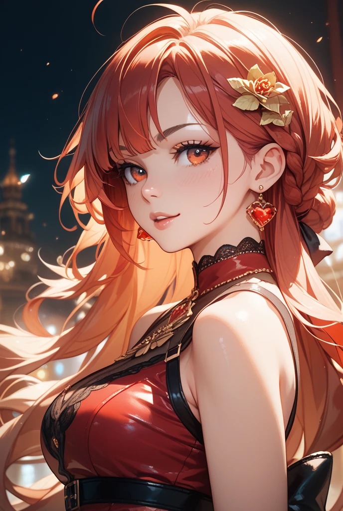 masutepiece, High resolution, 8K, anime woman, Delicate and detailed writing 、Detailed digital illustration、absurdly long hair、(((Ponytail)))、Shiny hair、a very beautiful woman、Eyes are double, Large,Little hanging eyes、 Bust E Cup、High image quality, High quality、Detailed background、((Detailed and beautiful sunset sky background))、The inside of the eye shines like a diamond、(((Dark red hair)))、Gradient pupil、(((2 arms、4 fingers, 1 thumb)))、Detailed female face、a very beautiful woman、、细致背景、​masterpiece、Soft Focus , Bright gradient watercolor , Lens Flare , (((Glitter))) , Glow , Dreamy ,a miniskirt、Idol、Light red Ribbon、Very beautiful light red rose hair accessories、Light red and gold costume with white as the main color、((Macroface))、(Cool Girl).Tall lady、Dignified.((No bangs))、A smile、