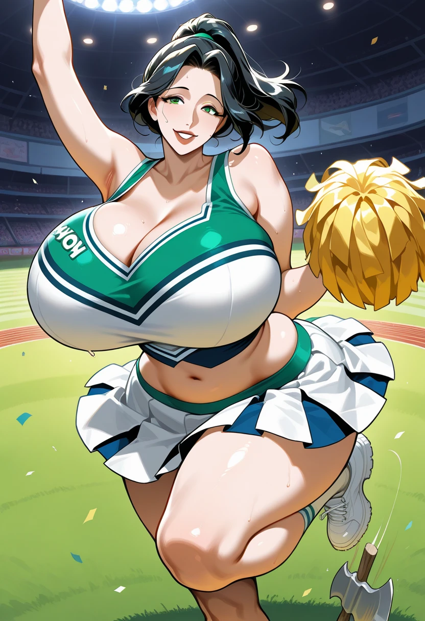 football field background, light green hair, twindrills, student, cheerleading uniform, blue whorish cheerleader, thin narrow top, massive breasts, slutty smirk, horny, holding breasts, big erect nipples