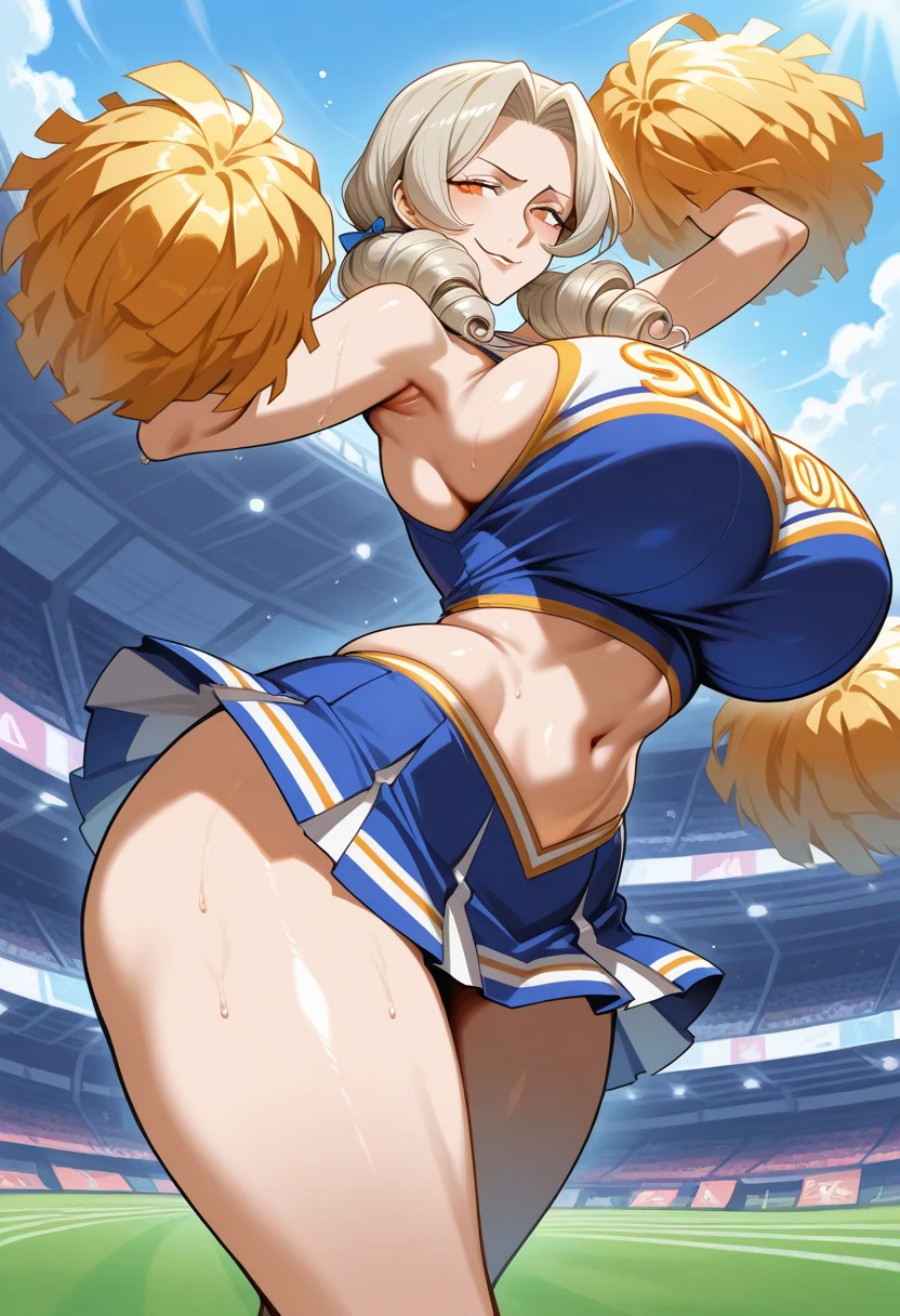 cheerleader, cheerleader outfit, thicc ass, mini-skirt, white thicc thong, sweat, facing back 3/4, two pom pom, soft smile, twintails, blonde hair, cheerleader short shirt, sweat