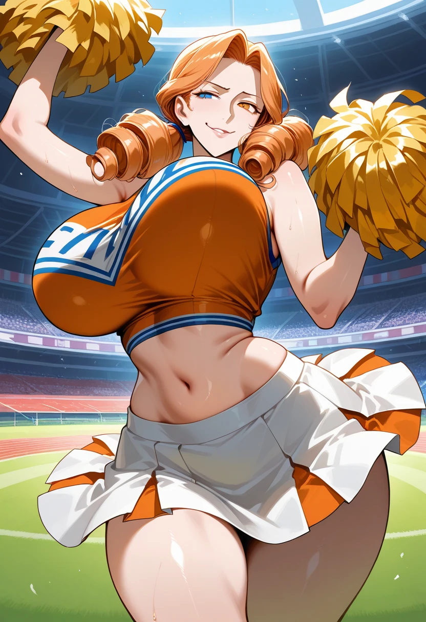 score_9, score_8_up, score_7_up, 1girl, looking at viewer, cheerleader, ponytail, ikuchan, outdoors, , small , huge thighs, nipple pasties, fishnet bra, lingerie, cheerleader skirt, ginger hair, smug, smug grin, rating:safe, sfw