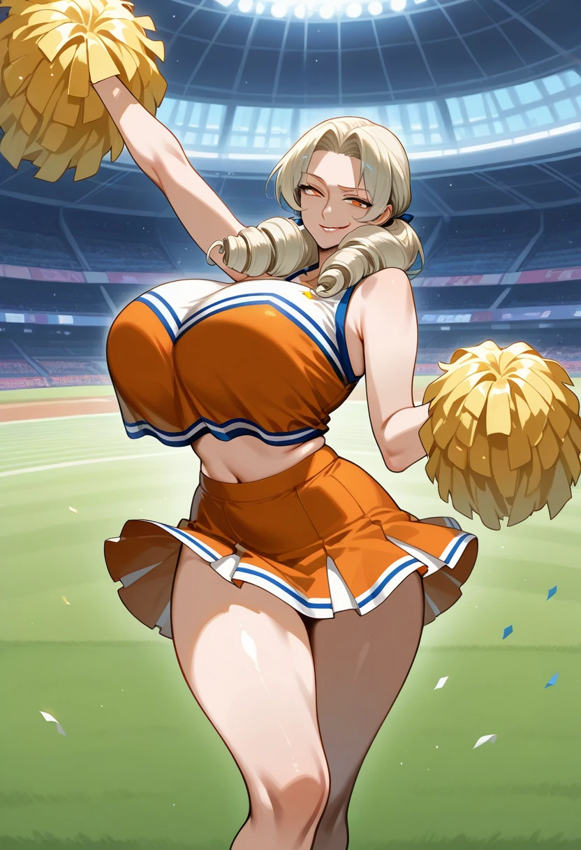 Score_9,score_8_up,score_7_up,1girl,hellsing,seras victoria,solo,looking at viewer,outdoors,nude,((cheerlader)),cheerleader clothes,knotted crop top,knotted shirt,huge breasts,hair over one eye,blue eyes,((smug smirk)),closed mouth,shorts,blonde hair,cheerleading,cheerleader,bulge,erection,erection through clothing,futa,futanari,huge erection