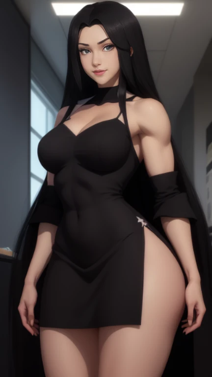 (Women1),(a woman alone),(thin body),(slender body),(structured body),(young mature and large body),(huge bust of breasts),(Long purple hair and long purple eyes),(Dark skin color:1.5),(Big ass),(height 1.68),(sexy body),(mature body),(big and mature and sexual breasts),(wearing),+,(A white sleeveless, collarless blouse showing the shoulders and a short, tight, sexual pencil skirt)