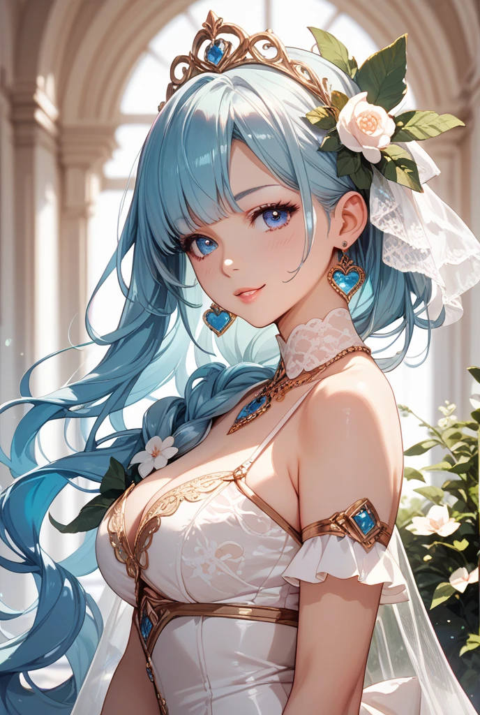 (A photo of upper body), Beautiful face, Highly detailed face and skin texture, (Detailed eyes), Brown eyes, Double eyelids, Thin eyebrows, Glitter eyeliner: 1.2, Natural cheeks, Shiny skin, Fair skin, (((in bridal clothes waiting for her boyfriend for a date))), Glitter short earrings, (Shiny lips: 1. 4), (Seductive smile), (20 years old), (Wavy hair, Diagonal bangs), ((blue hair)),Short hair, ((Upper body shot)), ((Focus on chest and face)), Medium large breasts, Upturned breasts.