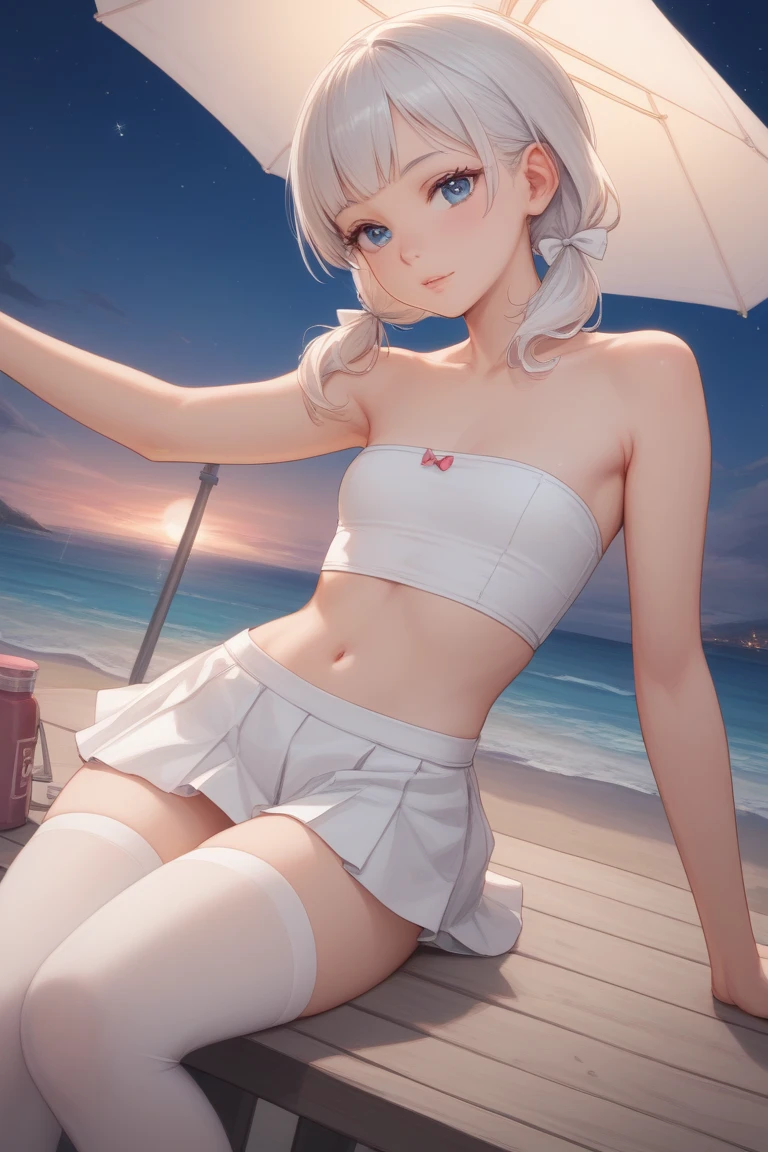 realistic, 1girl, ponytail, parted lips, blush, makeup, light smile, white hair, Kids Print Underwear, glow, thighs, purple eye, bare shoulders, collarbone, narrow waist, sunbeam, sunlight, rose, wind,(flat chested), (masterpiece), sweat,