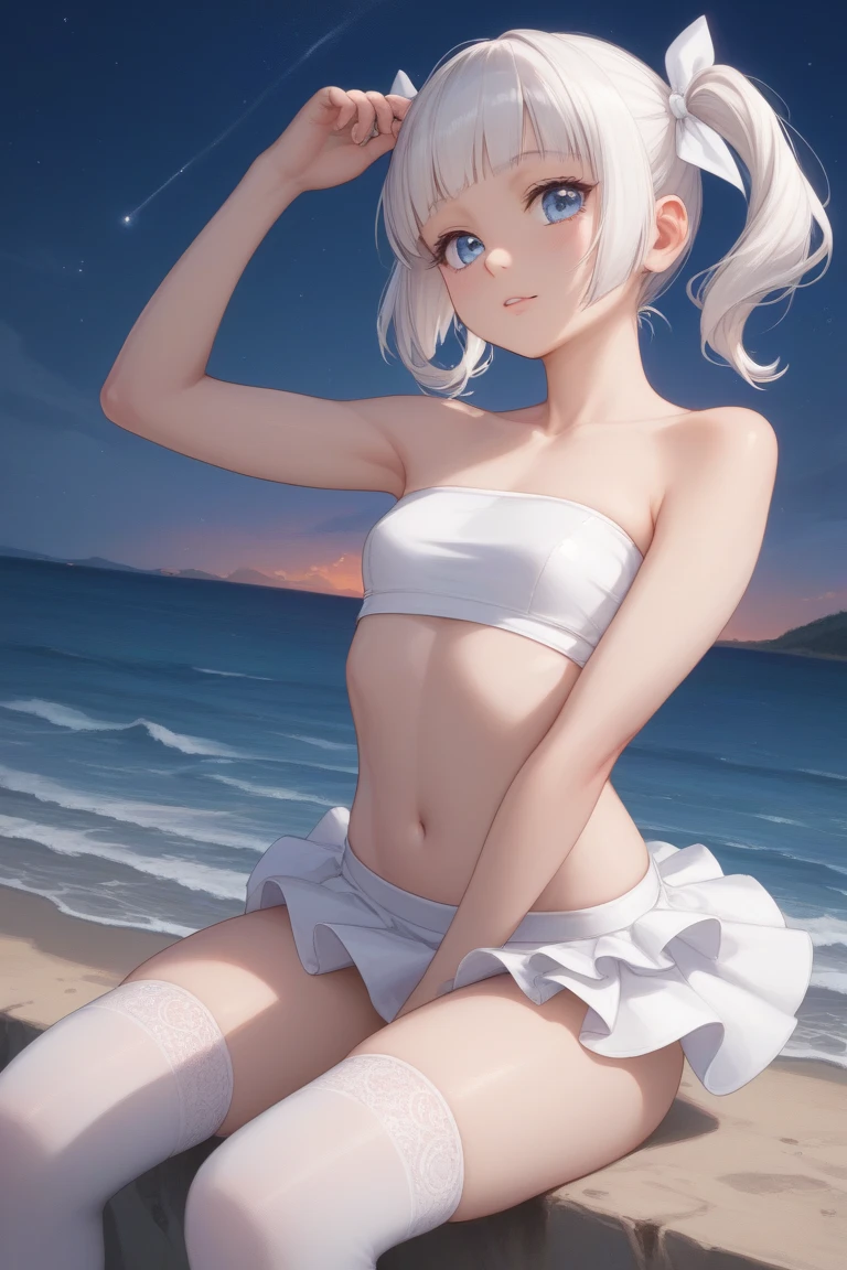 official art, best quality, ultra-detailed, high resolution, unity 8k wallpaper, extremely detailed CG, white skin, Cute girl, short hair, bob cut hair, silver hair, antenna hair, shiny hair, shiny skin green eyes, beautiful eyes, medium breasts, Short body, White side-tie panties and garter belt, topless, open chest, nude, magical girl, slightly erotic