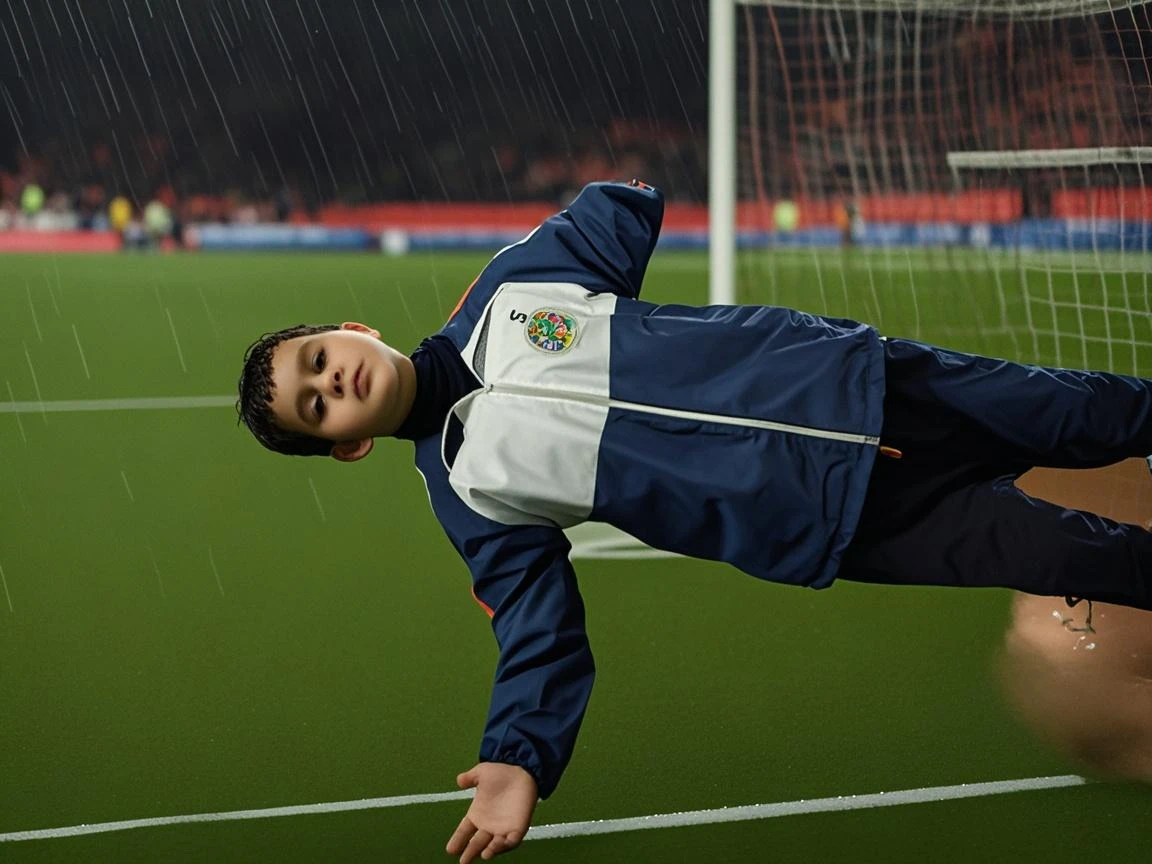 Slim 12 year old german soccer boy tied to the ground wearing an extreme tight red wetsuit and white soccer socks in the rain