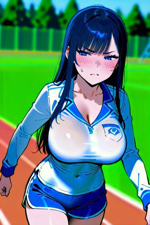tennis girl's massive nipples out of topless vest out bare and wet pants spreading her legs, gloved hands hidden behind head, blindfold

